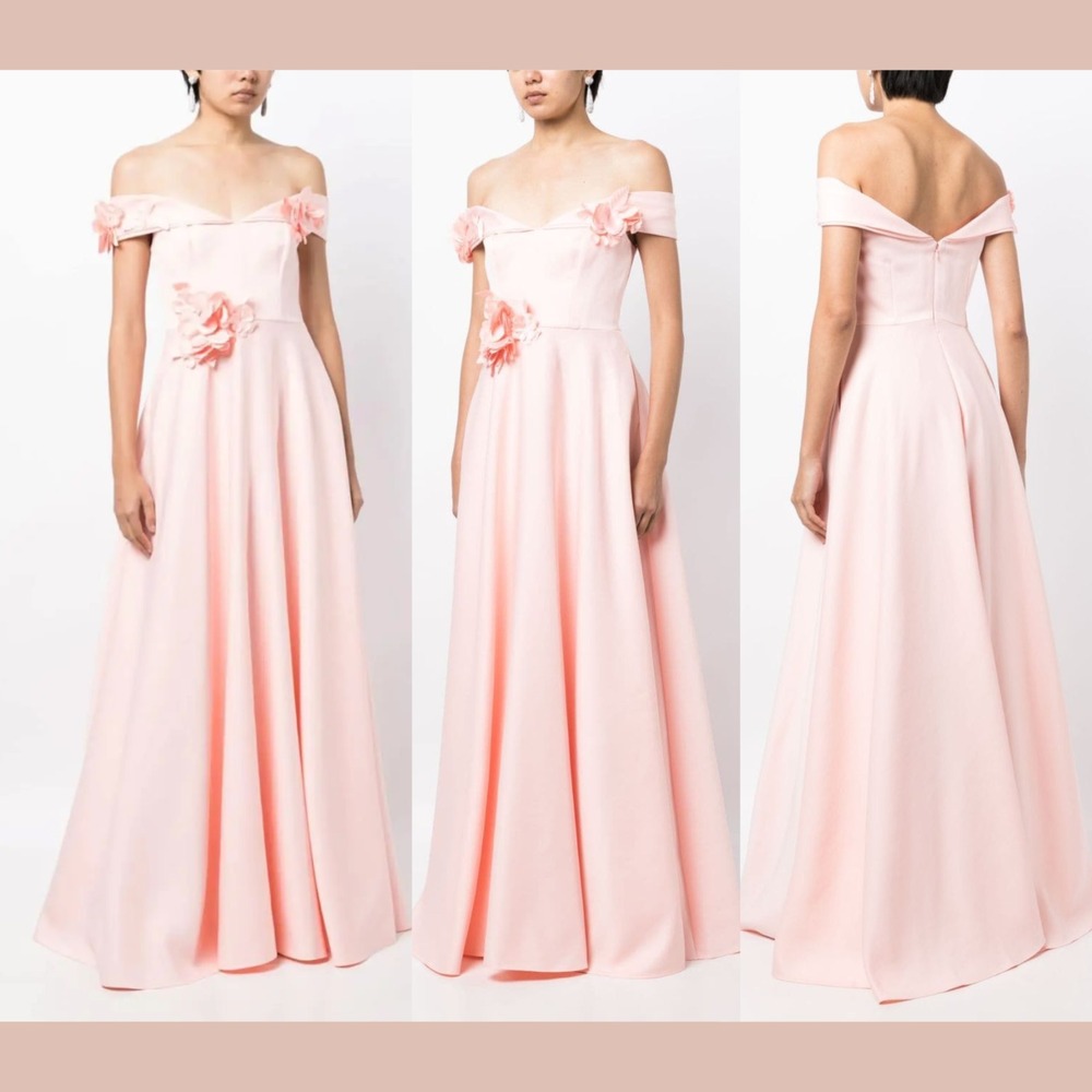 NEW $1095 MARCHESA Notte [ 8‎ ] Off Shoulder floral Satin Ball Gown Pink S2144